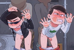 4boys against_wall alley blush brothers drooling faceless faceless_male group_sex heart-shaped_pupils jacket jumpsuit leather_jacket male_only matsuno_karamatsu matsuno_osomatsu mayu_ueki multiple_boys osomatsu-kun osomatsu-san pants_down panty_pull penis pov precum sunglasses sweat symbol-shaped_pupils yaoi