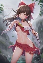ai_generated touhou outdoors outdoor_nudity torn_clothes wardrobe_malfunction embarrassed embarrassed_nude_female nipple_slip almost_naked reimu_hakurei