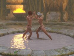 cirilover1 3d cd_projekt_red the_witcher_(series) the_witcher_3:_wild_hunt 2girls female light_skin light-skinned_female female_only fight nude breasts nipples ciri white_hair green_eyes mascara scar shani red_hair short_hair mud ass