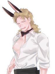 blonde_hair mullet looking_at_viewer medium_hair long-haired_male male male_only solo pecs nipple_slip stubble big_pecs facial_hair open_shirt alternate_costume bowtie sweatdrop bunny_ears fully_clothed sleeves_rolled_up mature mature_male gintama abuto rabbit_ears dress_shirt shiro_mochi_2