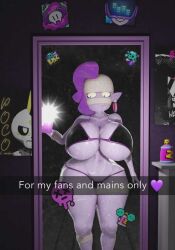 1girl 3d 3d_model bandaged_arm bandaged_leg big_breasts bikini black_bikini black_bra black_panties bra brawl_stars caption detailed_background ear_piercing emz_(brawl_stars) hyper_breasts indoors large_breasts malteadota mirror mirror_selfie mummy_wrappings pink_skin pointy_ears purple_hair purple_skin selfie snapchat solo taking_picture thick_ass thick_thighs thin_waist visible_nipples voluptuous voluptuous_female wrapped_legs zombie_girl
