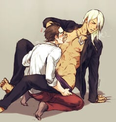 2boys abs ace_attorney anal apollo_justice bara blonde_hair blush breath_cloud brown_hair covering_mouth dark-skinned_male drooling feet femboy feminine_male gyakuten_saiban klapollo klavier_gavin male male_only multiple_boys muscle muscles naughty_face nipples pecs pubic_hair saliva sex size_difference sweat tagme tremble_lines undressing wince yaoi