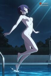 chainsaw_man reze_(chainsaw_man) blush bouncing_breasts jumping water pool in_water partially_submerged nipples small_breasts slim_waist schoolgirl happy nude_female naked_female slim small_ass fancyvision ai_generated ai tree