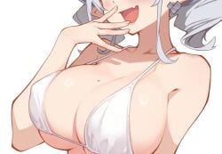 1girls bikini blush boobs bra breasts covered_eyes demon demon_girl evil_grin evil_smile fangs female female_focus female_only focus hi_res huge_breasts konami labrynth_of_the_silver_castle laugh laughing light_skin lovely_labrynth_of_the_silver_castle mature_female mischievous_smile mole mole_on_breast one_hand_up open_mouth pointy_ears princess queen seductive seductive_look seductive_smile sideboob simple_background smile solo standing twin_drills twintails wepwawet white_background white_bikini white_hair younger_female yu-gi-oh!