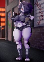 1girl alley anthro big_ass boobs breasts canid claws demon female furry goth hell hellhound helluva_boss hips loona_(cryptiacurves) loona_(helluva_boss) night nipples piercing red_eyes revealing_clothes solo superinmersive thicc thick tighs tits werewolf wide_hips wolf
