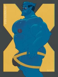 1boy balls bara beast_(x-men) blue_body blue_fur blue_hair bulge flaccid glasses hank_mccoy hunnipanda jockstrap jockstrap_only male male_only marvel marvel_comics muscles muscular nipples penis solo solo_male underwear underwear_only x-men