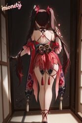sparkle_(honkai:_star_rail) honkai:star_rail honkai(series) 1girl twintails solo bare_shoulders long_hair from_behind standing red_dress dress choker bell gloves black_gloves brown_hair full_body black_choker neck_bell detached_sleeves thighs very_long_hair back panties thigh_strap ass fox_mask bow facing_away underwear sash mask multicolored_hair black_hair halterneck jingle_bell short_dress indoors white_panties hair_ornament black_sash short_sleeves doorway open_door red_bow black_footwear obi sleeveless sleeveless_dress tassel door red_sleeves legs hair_bow shoulder_blades pov_doorway off_shoulder bare_legs mionety ai_generated