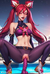 solo torn_clothes dildo sex_toy squatting navel closed_eyes long_hair star_guardian_(league_of_legends) pussy dildo_riding pool twintails belt red_hair breasts spread_legs vaginal open_mouth elbow_gloves bare_shoulders outdoors star_(symbol) female_masturbation uncensored object_insertion piercing blush pants covered_collarbone vaginal_object_insertion torn_pantyhose masturbation medium_breasts hair_ornament detached_sleeves pantyhose gloves makeup pussy_juice alternate_costume magical_girl crop_top torn_pants sky tongue midriff stomach lipstick facing_viewer very_long_hair jinx_(league_of_legends) rule34lab hi_res ai_generated league_of_legends league_of_legends:_wild_rift riot_games star_guardian_series star_guardian_jinx 1girls female vaginal_insertion vaginal_masturbation dildo_in_pussy dildo_insertion