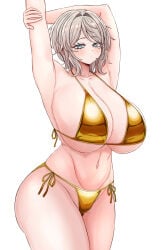 faust_(limbus_company) limbus_company project_moon female female_only solo 1girls hi_res 2026 color colored digital_media_(artwork) 2d 2d_(artwork) simple_background white_background arms_up big_breasts breasts huge_breasts large_breasts boobs tits blue_eyes looking_at_viewer grey_hair hair bbambi thick_thighs thighs wide_hips medium_hair front_view viewed_from_front clothing clothed golden_week semi_nude light_skin light-skinned_female