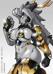 android big_breasts bikini_armor blue_eyes hair horns ishiexe mechabare mechanization pseudoregalia sybil_(pseudoregalia) tagme thick_thighs