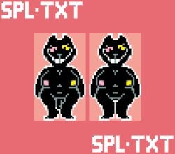 anthro areola big_breasts black_body breasts deltarune digital_media_(artwork) domestic_cat eyelashes felid feline felis female friend_(deltarune) genitals heterochromia looking_at_viewer mammal nipples nude outline penis pixel_(artwork) simple_background smile solo splashtext teeth text undertale_(series) white_outline