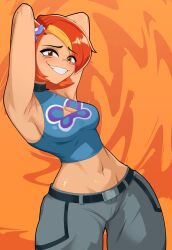 1girls armpits arms_behind_head big_breasts breasts brown_eyes busty butterfly_(planetronika) choker cleavage female female_only hands_behind_head large_breasts looking_at_viewer midriff midriff_baring_shirt navel orange_hair pale-skinned_female pale_skin planetronika pose posing roughjam sexy sexy_armpits sexy_pose small_breasts thick_thighs toned wide_hips