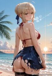 1girl 1girls ahoge ai_generated artoria_pendragon ass bangs bare_arms bare_shoulders beach bikini blonde_hair blue_ribbon blue_skirt blue_sky blush braid breasts closed_mouth cloud cowboy_shot day fate/grand_order fate/stay_night fate/zero fate_(series) female female_only fishnet_thighhighs fishnets french_braid from_behind green_eyes hair_bun hair_ribbon kermixx light-skinned_female looking_at_viewer looking_back medium_breasts ocean outdoors red_bikini ribbon saber shiny sidelocks single_hair_bun skindentation skirt sky smile solo starfish sun sunset swimsuit thighhighs thong torn_clothes water wet