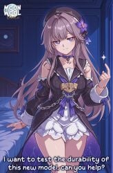 ai_generated ai_assisted breasts uncensored thick_thighs thighs thick_ass curvy curvy_female curvy_body moonwool_branch long_hair very_long_hair brown_hair purple_eyes herta_(honkai:_star_rail) honkai:_star_rail caption comic talking talking_to_viewer medium_breasts small_breasts doll doll_joints herta_(puppet)_(honkai:_star_rail) solo solo_focus solo_female female female_only female_focus seductive seductive_smile seductive_look seductive_pose seductive_mouth seductive_eyes looking_at_viewer smile smiling inviting