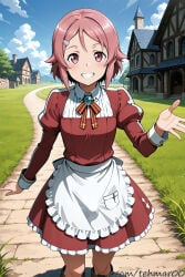 1boy ai_generated apron blue_sky boner_under_clothes bulge cloud day dress erection_under_clothes erection_under_skirt femboy genderswap genderswap_(ftm) grass grin hair_ornament hairclip house lisbeth long_sleeves looking_at_viewer male outdoors pink_eyes pink_hair red_dress road shinozaki_rika short_hair sky smile solo sword_art_online tehmar trans_woman transfem trap white_apron