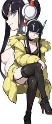 brokewyt ai_generated elesa_(pokemon) pokemon_bw2 pokemon 1girl long_hair breasts looking_at_viewer smile bangs blue_eyes black_hair thighhighs white_background medium_breasts sitting closed_mouth underwear nipples collarbone panties sidelocks choker black_thighhighs black_footwear bra high_heels coat black_panties multiple_views headphones garter_straps black_choker crossed_legs lingerie black_bra fur_coat