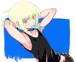 1boy armpits arms_up clothed clothing femboy femboy_only lio_fotia looking_at_viewer male petite petite_body petite_male ponytail popsicle promare questionable slim slim_male slim_waist solo suggestive twink 1femboy choker collar feminine_male androgynous