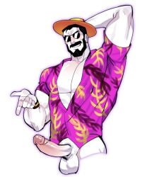 1boy abs alano_(just_dance) beard blushing boner button_down_shirt erect erect_cock erect_dick erect_penis erection hand_behind_head hanging_balls hanging_testicles hat hips just_dance just_dance_2019 male male_focus male_only mustache no_pants no_underwear pantless pink_tip revealyoursins six_pack solo solo_male sunglasses white_skin white_skinned_male