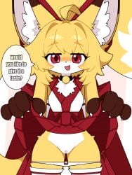 3:4 asian_clothing bedroom_eyes blush bottomwear canid canine clothed clothing clothing_lift collar east_asian_clothing female flashing flashing_pussy fluffy fluffy_tail fox fur genitals hi_res humanoid_genitalia humanoid_vulva japanese_clothing km-15 legwear long_tail looking_at_viewer lumen_(km-15) mammal miko_outfit narrowed_eyes open_mouth oral_request panties panties_down partially_clothed presenting presenting_vulva red_eyes requesting seductive sex_request simple_background skirt skirt_lift solo speech_bubble stockings tail underwear underwear_down upskirt vulva yellow_body yellow_fur