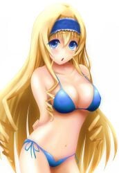 1girls busty big_breasts voluptuous female female_only hi_res arms_behind_back bikini blonde_hair blue_bikini blue_eyes blush breasts cecilia_alcott cleavage curly_hair hairband infinite_stratos large_breasts long_hair navel open_mouth ryuusama side-tie_bikini_bottom simple_background solo strap_gap swimsuit thong_bikini