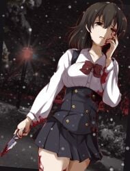 1girl :o absurdres black_eyes black_hair black_skirt blood blood_on_clothes blood_on_face blood_on_hand blood_on_knife blood_on_leg bow bowtie breasts bush buttons collared_shirt commission cowboy_shot crying crying_with_eyes_open dark hand_on_own_face highres holding holding_knife implied_death implied_murder kitchen_knife knife lamppost lens_flare long_sleeves looking_afar looking_ahead medium_breasts medium_hair moonlight night open_mouth outline pixiv_commission pleated_skirt raised_inner_eyebrows red_bow red_bowtie red_light red_outline ryou.r sad saionji_sekai sakakino_academy_school_uniform school_days school_uniform shirt skirt snow snowing solo tears tree white_shirt