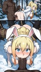 1boy 1girls :>= abs ai_generated animal_ears arms_behind_back ass bangs bent_over blonde_hair blue_eyes blush bound bound_wrists braid breasts bright_pupils brokewyt bunny_ears comic dark-skinned_male dark_skin darkness_(konosuba) erection fake_animal_ears fellatio fur_trim garter_straps group_sex hair_between_eyes hairband hetero high_heels interracial kono_subarashii_sekai_ni_shukufuku_wo! large_breasts long_hair looking_at_viewer nipples oral outdoors penis ponytail pov rabbit_ears rape rope sex sidelocks snow snowing spitroast sweat thighhighs threesome tree uncensored underwear vaginal veins white_footwear white_pupils