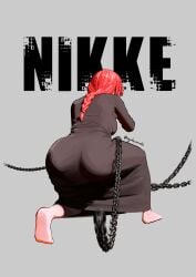 artist_name ass black_dress chains chainsaw_man crouching dress feet from_behind fully_clothed goddess_of_victory:_nikke gray_background huge_ass makima_(chainsaw_man) nikke red_hair tagme yatsumaki