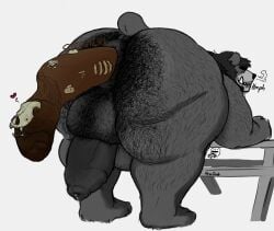 adrian_dough anthro anus backsack balls bear bear_(adriandough) bent_over big_balls bodily_fluids body_hair bone bones_in_feces breath butt_hair disposal drooling excessive_feces feces foreskin furniture genital_fluids genitals hairy heart_symbol hi_res hyper hyper_feces hyper_scat looking_back male mammal onomatopoeia overweight overweight_male penis picnic_table precum pubes puffy_anus pushing_out ribs saliva scat short_tail size_difference skull solo sound_effects table tail tears text thought_bubble tusks