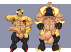 male male_only bara muscles muscular marvel marvel_comics x-men victor_creed sabretooth sideburns body_hair blonde_hair penis balls kartos wolverine_(x-men) james_howlett big_penis big_balls huge_cock boner erection shirt_lift penis_out