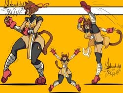 glitch_productions gameoverse kit_(gameoverse) melansholy_ori female female_only anthro furry furry_female catgirl cat clothing panties pussy_outline stockings cosplay fighting_pose legs_up pussy_lips training
