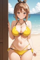 rena_aikawa_(pixiv_user) atelier_(series) atelier_ryza reisalin_stout bare_arms bare_shoulders bikini bikini_bottom black_hairband black_hair_ornament black_ribbon bow_hairband clothing hairband hairclip hair_ornament halterneck headwear jewelry key_necklace necklace ribbon side-tie_bikini side-tie_bikini_bottom side-tie_clothing side-tie_swimsuit string_bikini swimsuit yellow_bikini yellow_swimsuit blush breasts brown_eyes brown_hair cameltoe clavicle cleavage female large_breasts navel short_hair skindentation stomach thigh_gap thighs arm_at_side closed_mouth smile standing looking_at_viewer key star_(symbol) cloud water 1girl beach blue_sky day ocean outdoors shore sky solo portrait high_resolution ai_generated stable_diffusion pixiv