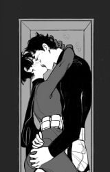2boys arms_around_neck batcest batman_(series) clothed clothed_male dc dc_comics fanon_body_type french_kiss french_kissing frottage frottage_through_clothing frotting hand_on_ass in_a_box jason_todd making_out red_hood_(dc) red_robin superhero_costume thinner_than_canon tight_space tim_drake tounge_kissing trapped_in_box