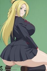 1girl solo blonde_hair green_eyes breasts long_hair ass skirt jewelry earrings smile school_uniform large_breasts looking_at_viewer green_background looking_back socks pleated_skirt simple_background black_socks thighs jacket tatsunagi_kourin cardfight!!_vanguard unjobdespiert ai_generated 1female curvy huge_breasts huge_ass big_breasts big_ass 1girls 2026 artist_name watermark hi_res highres high_quality high_resolution patreon_username patreon