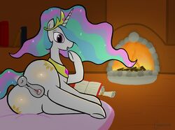 2016 alicorn animal_genitalia animal_pussy anus ass book cleateater clitoral_winking clitoris crown cutie_mark equine equine_pussy female fire friendship_is_magic fur hair hooves horn horse looking_at_viewer lying magic_user mammal multicolored_hair my_little_pony one_eye_closed pony princess_celestia_(mlp) pussy scroll smile solo white_fur wings wink