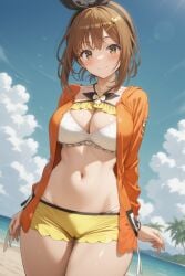 rena_aikawa_(pixiv_user) atelier_(series) atelier_ryza reisalin_stout bikini bikini_under_clothes black_hairband black_hair_ornament bow_hairband clothing drawstring frills hairband hairclip hair_ornament halterneck headwear jacket jewelry long_sleeves open_clothes open_jacket orange_jacket ribbon shorts short_shorts swimsuit swimsuit_under_clothes white_bikini white_swimsuit yellow_jacket yellow_shorts blush breasts brown_eyes brown_hair cameltoe clavicle cleavage female large_breasts midriff navel short_hair stomach thigh_gap thighs closed_mouth smile looking_at_viewer palm_tree tree animal bird cloud water 1girl beach blue_sky day ocean outdoors shore sky solo portrait high_resolution ai_generated stable_diffusion ai-created parent:17518118