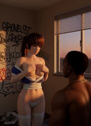 1boy1girl 1girl1boy 3d ai_generated asian_female bedroom black_male breasts carl_johnson chain choker clothes_down clothes_on_floor crossover dark-skinned_male dead_or_alive eastern_and_western_character evening gangster ghetto gold_chain gold_jewelry graffiti graffiti_on_wall grand_theft_auto grand_theft_auto:_san_andreas hiding_breasts holding_breast in_love interracial jewelry kasumi_(doa) koei_tecmo kunoichi light-skinned_female looking_at_another looking_at_partner looking_down_at_partner loose_clothes los_santos lovers messy_room muscular_male ninja ninja_clothes ninja_gaiden ponytail rockstar_games romantic_ambiance romantic_couple shy sitting standing staring_at_another staring_at_partner stockings sunset team_ninja thong window wowzerspowzers