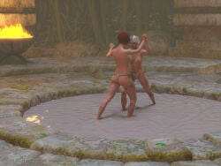 cirilover1 3d cd_projekt_red the_witcher_(series) the_witcher_3:_wild_hunt 2girls female light_skin light-skinned_female female_only fight nude breasts nipples ciri white_hair green_eyes mascara scar shani red_hair short_hair mud ass