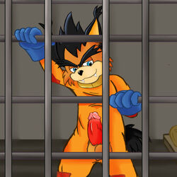 1boy anthro balls bar_grab cell circumcised clothing cute_fangs feline front_view gloves humanoid_penis looking_at_viewer lynx male male_only mammal naughty_face penis penis_through_fly pinup poking_out pose prison prisoner seamaster solo standing uniform