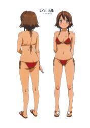 1girls amy_(suisei_no_gargantia) aqua_eyes arms_behind_back ass bikini breasts brown_hair butt_crack cleavage concept_art feet female female_only from_behind full_body highres legs looking_at_viewer lowleg lowleg_bikini medium_breasts multiple_views navel official_art red_bikini scan shiny_skin short_hair smile solo suisei_no_gargantia swimsuit thighs thong