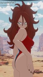 android_21 android_21_(human) sexy_pose pose looking_at_viewer brown_hair breasts dragon_ball dragon_ball_z dragon_ball_fighterz sylvannsfw blender blender3d watermark 3d uncensored looking_back looking_back_at_viewer showing_ass ass