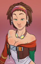 stickymon female solo dark_skin dark-skinned_female brown_hair green_eyes breasts big_breasts cleavage female_only borderlands tales_from_the_borderlands sasha_(borderlands) 1girls 2016