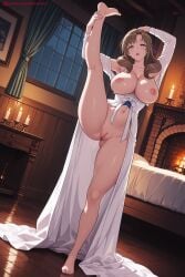 kiraamane ai_generated patreon seductive sexy uncensored watermark hi_res high_quality high_resolution oosuki_mamako breasts 1girl pussy nipples brown_hair navel mature long_hair barefoot bangs standing solo purple_eyes blush arms_up large_breasts looking_at_viewer feet lantern open_mouth collarbone bedroom bed drill_hair thighs standing_on_one_leg full_body leg_up kimono armpits