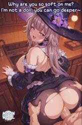 ai_generated ai_assisted breasts uncensored thick_thighs thighs thick_ass curvy curvy_female curvy_body moonwool_branch witch witch_hat pantyhose big_breasts large_breasts long_hair very_long_hair brown_hair purple_eyes the_herta_(honkai:_star_rail) herta_(honkai:_star_rail) honkai:_star_rail caption comic talking talking_to_viewer torn_pantyhose torn_clothes torn_clothing sex vaginal_penetration vagina vaginal vaginal_sex vaginal_insertion sex_from_behind butt butt_focus ass ass_focus from_behind back_view bent_over standing standing_sex open_mouth pleasure_face smile smiling moaning pov male_pov ass_grab
