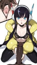 1boy 1girls ai_generated anus bangs bare_shoulders black_bra black_choker black_hair black_panties blue_eyes blunt_bangs bra breasts brokewyt choker clitoris collarbone covered_nipples dark-skinned_male dark_skin elesa_(pokemon) elesa_(pokemon_bw2) erection female garter_belt handjob headphones hetero interracial jacket kneeling lace lace_trim lingerie long_hair long_sleeves looking_at_viewer male medium_breasts multicolored_hair multiple_views navel nipples open_mouth panties penis pokemon pokemon_bw2 pov pussy see-through shiny sidelocks solo_focus spread_pussy streaked_hair sweat teeth thighhighs uncensored underwear upper_teeth_only urethra veins veiny_penis very_long_hair yellow_jacket