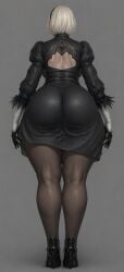 1girls 2b_(nier:automata) ai_generated ass back_view backboob big_ass big_butt big_thighs black_dress black_hairband black_pantyhose butt centered curvy detailed_clothing feather-trimmed_sleeves female female_focus female_only from_behind full_body fuller_figure gloves grey_background hairband heavy_thighs high_heels highres hourglass_figure huge_ass huge_butt large_ass large_butt large_thighs light-skinned_female light_skin looking_away massive_butt massive_thighs muscular_legs nier:_automata pantyhose puffy_sleeves realistic shapely_legs short_hair slim_waist solo solo_female solo_focus srimbievil58 standing stylized_proportions thick thick_thighs thighs tight_dress video_games white_hair wide_hips yorha_2b