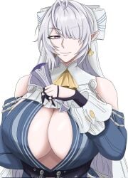bangs big_breasts boob_window bow_ribbon busty busty_female cleavage_overflow darkmonday21 fan fancy_clothing hair_over_one_eye inner_sideboob juicy_lips long long_ears long_hair pointy_ears velina_airgid white_hair zenless_zone_zero