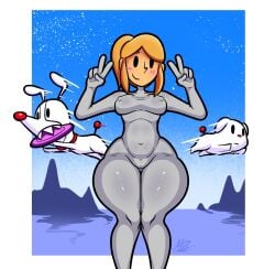 1girls 2d_(artwork) artist_signature background beach blonde_hair blush blush_lines blushing bodysuit boobs cute cute_face female female_focus hips hips_wider_than_shoulders meryo_2 nintendo nipples peace_sign rhythm_heaven rhythm_heaven_groove shiny_clothes thick_thighs thighs tight_clothing