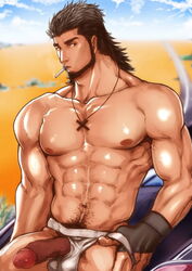 1boy abs bara body_hair brown_hair erection final_fantasy final_fantasy_xv gladiolus_amicitia jockstrap kichiku_kishi_no_ero_bi-gaku male male_only muscle muscles outdoors outside pecs penis scar solo tagme testicles underwear undressing vehicle white_underwear