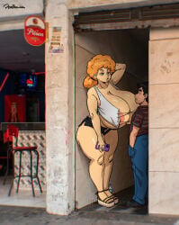 1boy 1girls 2026 against_wall alleyway_milf_(meme) areola_slip areolae arm_behind_head arm_up artist_name artist_signature ass big_ass big_breasts big_butt blue_eyes bottomwear breasts breasts_bigger_than_head butt clothed clothing curly_hair curvaceous curvy curvy_female curvy_figure diana_(joaoppereiraus) female_focus functionally_nude hair_bun half-closed_eyes height_difference hi_res highres holding holding_phone huge_breasts joaoppereiraus large_breasts light-skinned_female light-skinned_male light_skin looking_at_another male massive_breasts meme nipple_slip nipples oc orange_hair original original_character outdoors public public_indecency revealing_clothes short_shorts shorter_male shorts side_view skindentation tall_female taller_female tank_top thick_hips thick_legs thick_thighs tied_hair top_heavy topwear voluptuous voluptuous_female wedge_heels wide_hips