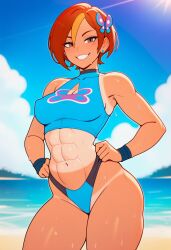 1girls ai ai_assisted ai_generated beach butterfly_(planetronika) fit fit_body fit_female orange_hair planetronika prussia123 sexy sexy_body sexy_clothing sexy_female short_hair solo solo_female sunny swimsuit swimwear tan tan_body